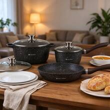 1,3L–6,8L 12-delars non-stick kokkärlsset med kastrull, gryta, djup stekpanna och djup panna med glaslock och värmebeständiga mattor, komplett kökskollektion med kastruller och stekpannor för daglig hushållsanvändning - Visa 7