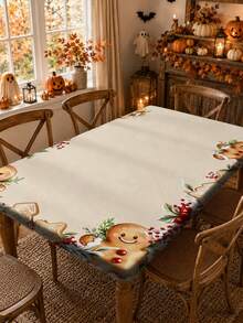 1pc Holiday Tablecloth, Light Background With Gingerbread Man, Berry And Holly Print Christmas Tablecloth, Polyester Waterproof Fabric, Indoor/Outdoor Christmas Party Decor, Easy To Clean, Suitable For Dining Table, Patio Table, Restaurant, Homestay, Creating Cute American Christmas Atmosphere - C - View 5