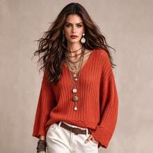 HOMEYEE Bright Orange V-Neck Hollow Crochet Knit Sweater Women Loose Lantern Long Sleeve Thin Vacation Style Solid Color Pullover Top - Orange - View 8