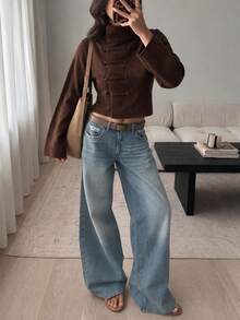 Autumn/Winter Vintage New Chinese Style Dark Brown Asymmetrical Collar Frog Button Half-High Neck Knitted Top Women Short Cinched Waist Flared Long Sleeve National Style Sweater Cardigan Solid Color Front Button Ribbed Pocket College - Chocolate Brown - View 5