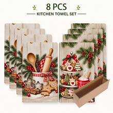 2/4/6pcs Christmas Cookie Baking Kitchen Towels With Pine Branch And Red Berry Print, Kitchen Accessories, Decor, Daily Necessities, Life Essentials, Kitchen Must-Haves, Home Essentials, Travel Essentials - Multicolor - View 9