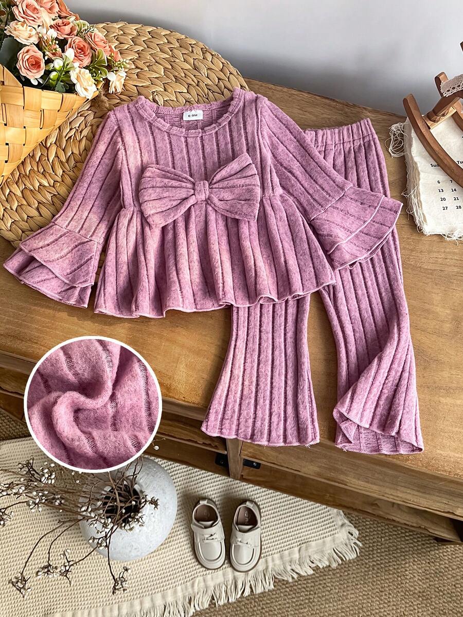 2pcs Set Atasan dan Celana Lengan Lonceng Bergaris Vertikal Lucu Gaya Mori untuk Bayi Perempuan, Minimalis Musim Semi/Gugur - Lilac Purple - View 1