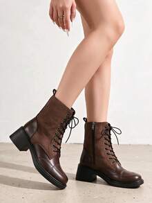 2026 Autumn/Winter New Mid-Heel Chunky Heel Slim Boots British Style Boots - Brown - View 4
