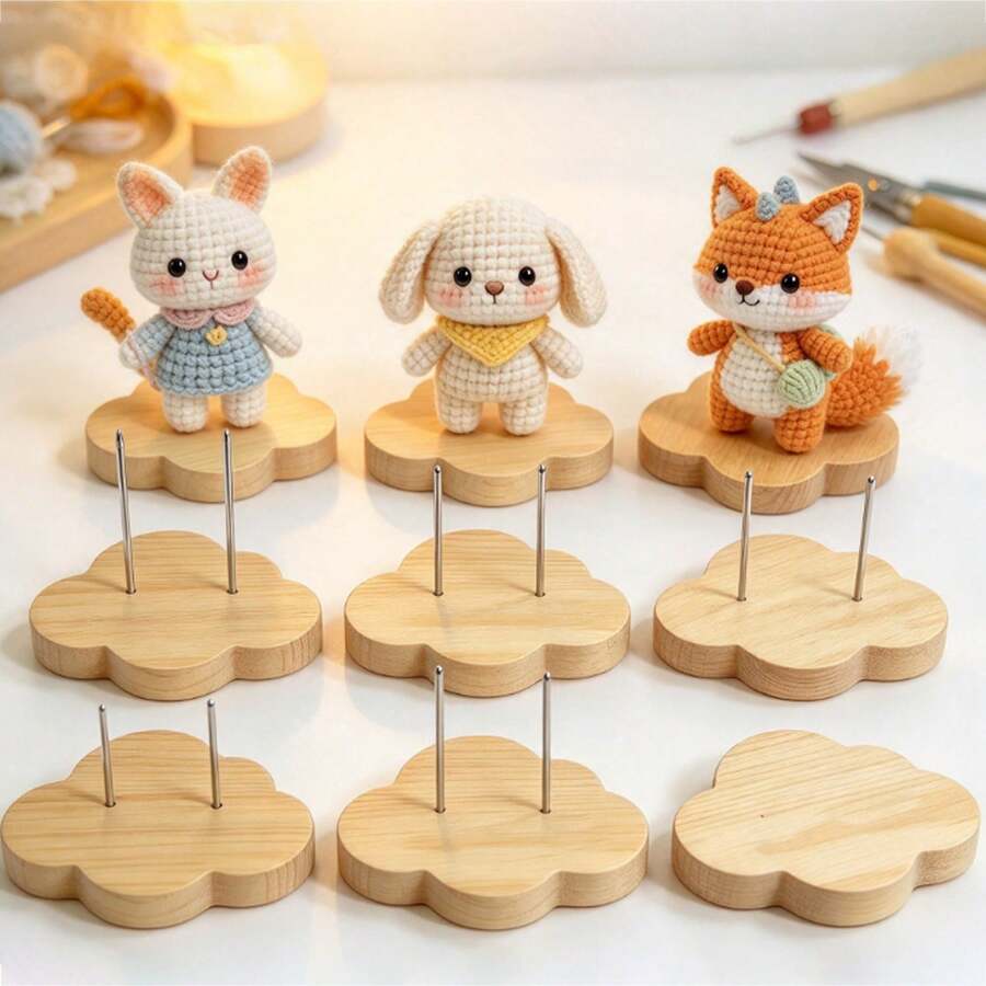 Wooden Doll Base Crochet Display Stand - Combinable Display Stand - Decorative Crochet Doll Support - Fixing And Displaying Of Doll Figurines - Suitable For Home Decoration And Interior Arrangement - School Teaching Material Preparation - Clouds - View 1