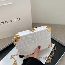 Crocodile Embossed Metal Corner Small Square Bag, Fashionable Women's Chain Crossbody Bag, Unique Solid Color Stone Texture Clutch Bag, Can Fit Phone And Coin Purse - A - View 15
