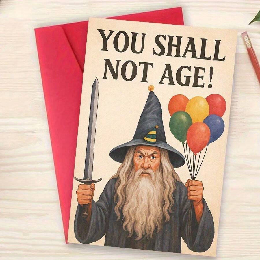 1PC Funny Birthday Card - Magician With Sword And Balloons, "You're Not Getting Older!" Magic Birthday Greeting Card, Suitable For Adults, Birthday Party Decoration - No Battery Required, Perfect For Fantasy Lovers And Milestone Celebrations, Humorous Design, High-Quality Printing - View 1