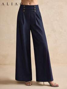 ALIAO Women's Elegant Military Style Denim-Like Wide Leg Pants, Button Front Design, All Season Formal Women's Wide Leg Pants - Navy Blue - View 3