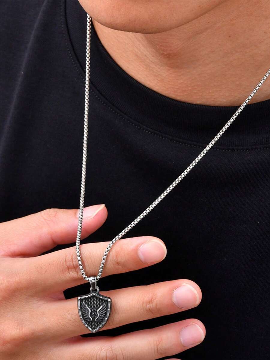 1 buah Kalung Liontin Perisai & Sayap Stainless Steel Vintage untuk Pria, Aksesori Komuter Minimalis, Hadiah Perhiasan - Gun Black - View 1