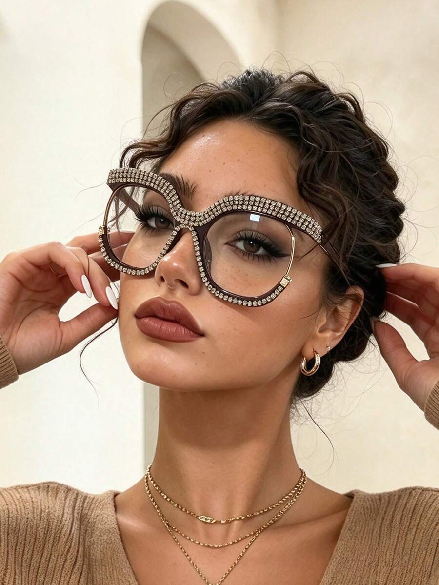 1pc Vintage Round Women's Plain Lens Glasses, Oversized Frame Design, Personalized Minimalist Exquisite Luxury Style High-End Rhinestone Glasses, Suitable For All Face Shapes - Jujube Red - View 1