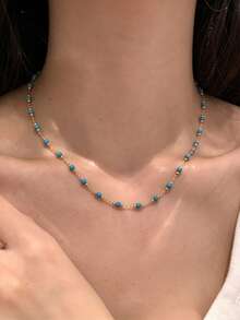 1pc Niche Design Blue Turquoise Beaded Necklace, Luxury Niche Accessory, Suitable For Friends, Sisters, Women, Best Choice For Daily Wear - Multicolor - View 8