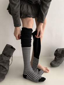 1/2/4 Pairs Of Striped Slouchy Gray Sock, Striped Patchwork Slouch Socks, Versatile Style Slouch Socks - Multicolor - View 3