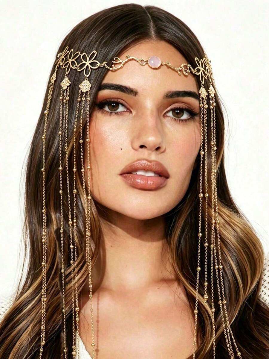 1pc Gold Chain Minimalist Fashion Vintage Bohemian Turquoise Tassel Headband Hair Hoop Head Chain Christmas/Halloween Party Costume Accessory - Gold - View 1