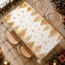 1pc Winter Christmas Minimalist Gold Christmas Tree & Snowflake Pattern Tablecloth, Stain-Resistant Dining Table Decor Cloth, Suitable For Kitchen, Dining Table, Coffee Table, TV Cabinet, Entryway, Party Holiday Decoration, Home Decor, Christmas Gathering - Multicolor - View 2