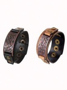 2pcs/Set Vintage Copper Color Pattern PU Leather Bracelets Suitable For Men's Daily Wear - Leather Bracelet - View 1