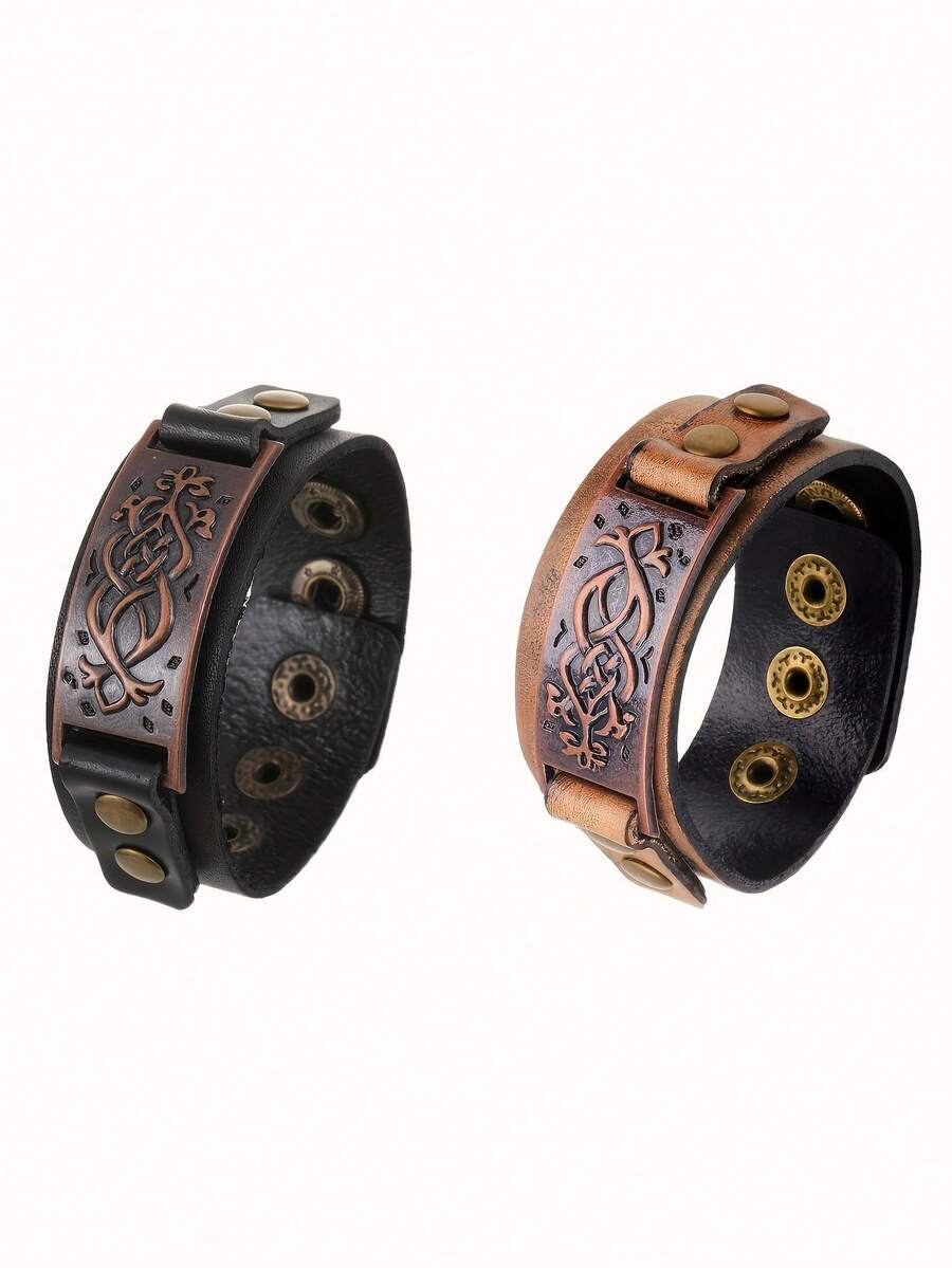2pcs/Set Vintage Copper Color Pattern PU Leather Bracelets Suitable For Men's Daily Wear - Leather Bracelet - View 1