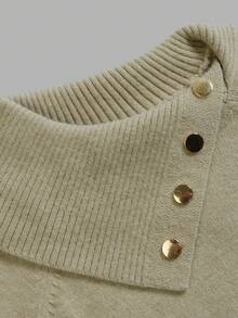 Autumn Beige Asymmetric Shawl Collar Knit Sweater For Women Metal Button Decor Long Sleeve Fall Tops Elegant Casual Going Out Outfits - Apricot - View 4