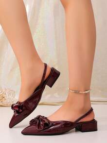 1 Pair French Style Pointed Toe Slingback Shoes, Large Bow Decor Low Heel Closed Toe Sandals, Elegant Atmosphere Women's Shoes, Suitable For Daily Commute, Evening Date, Semi-Formal Gathering, Afternoon Tea - Burgundy - View 4