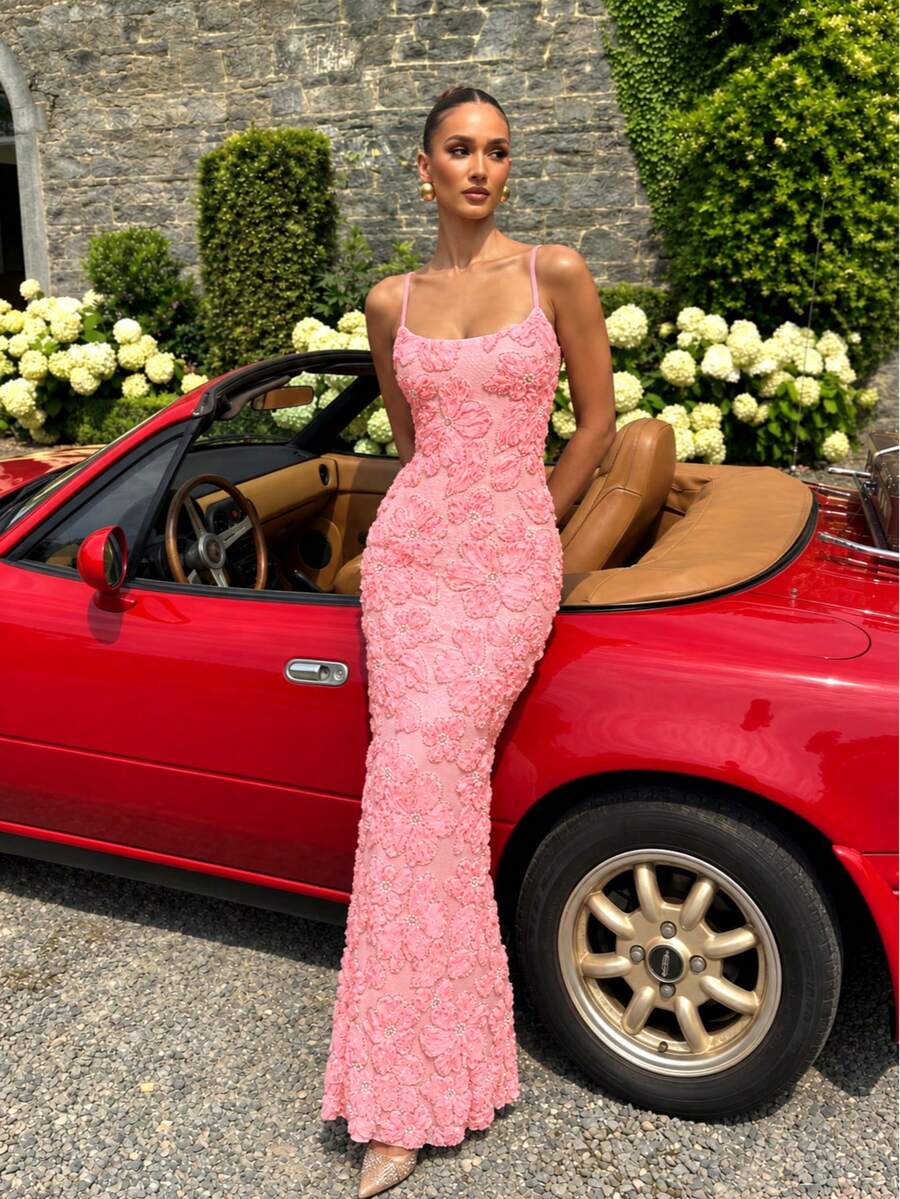 UNITHORSE [Random Cut]Women's Elegant Spaghetti Strap Floral Mesh Waist-Cinching Evening Dress - Pink - View 1