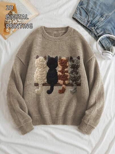 Atasan Rajut Wanita Ukuran Besar, Motif Kucing, Sweater Lengan Panjang Kerah Bulat Potongan Reguler, Pilihan Ideal untuk Musim Gugur
