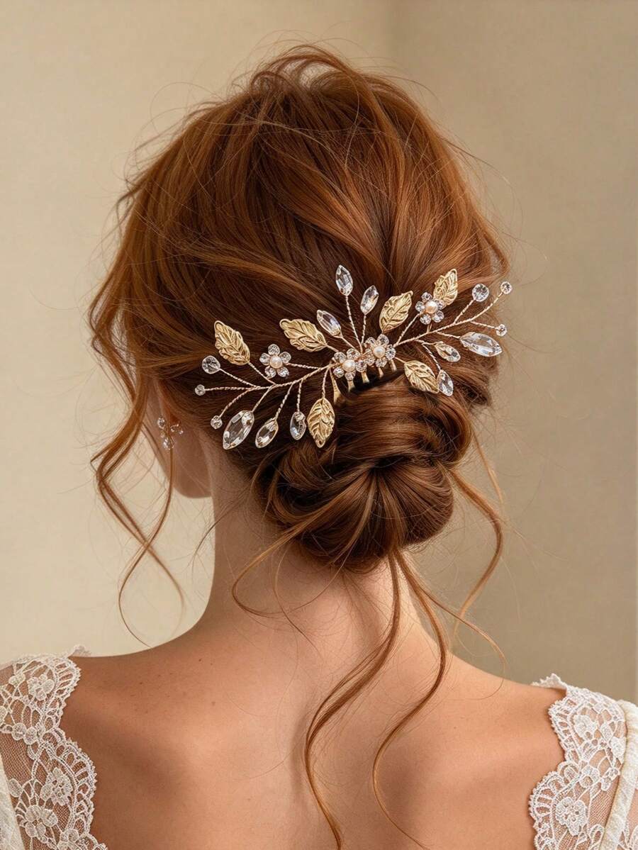 1pc Gold Leaf Texture Rhinestone Flower Crystal Bead Metal Hair Comb, Women's Bridal Hair Accessory, Elegant Updo Hair Ornament For Wedding And Party - Multicolor - View 1
