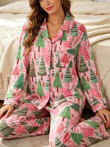 Set Piyama Wanita 2 Potong, Motif Pohon Natal, Set 2 Potong Hadiah, Lengan Panjang dengan Kancing Kerah, Celana Panjang Longgar dengan Pinggang Elastis, Cocok untuk Semua Musim, Pakaian Rumah, Pakaian Luar, Nyaman dan Longgar, Motif Cetak Penuh Terbaru - Dusty Pink - View 1