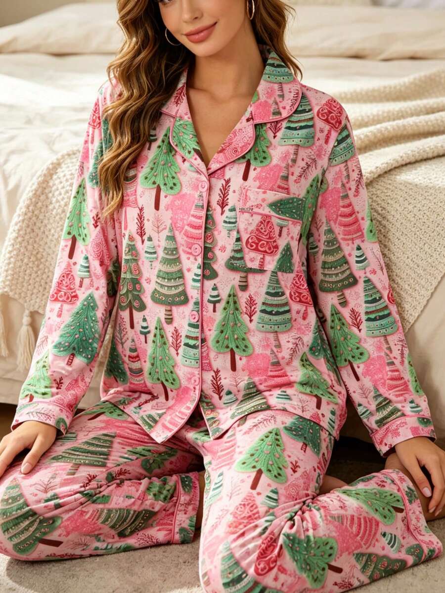 Set Piyama Wanita 2 Potong, Motif Pohon Natal, Set 2 Potong Hadiah, Lengan Panjang dengan Kancing Kerah, Celana Panjang Longgar dengan Pinggang Elastis, Cocok untuk Semua Musim, Pakaian Rumah, Pakaian Luar, Nyaman dan Longgar, Motif Cetak Penuh Terbaru - Dusty Pink - View 1