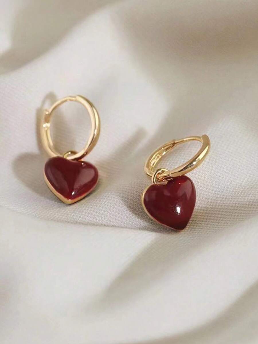 1 Pair Burgundy Heart-Shaped Ear Cuffs, Vintage Fashion Delicate Versatile Heart Festive New Year Earrings - Burgundy - View 1