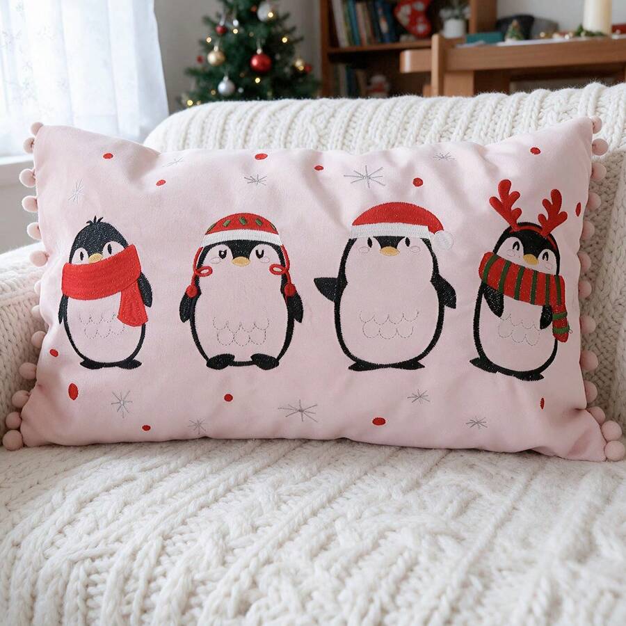 1件裝聖誕刺繡枕套，天鵝絨企鵝戴聖誕帽刺繡，腰枕，適合聖誕客廳沙發臥室裝飾，不含枕芯 - 粉色 - 查看 1