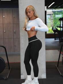 Women's Seamless Ribbed High Waist Yoga Pants, White Contrast V-Line Tummy Control Butt Lift Flare Leg Fitness Leggings - Black and White - View 8