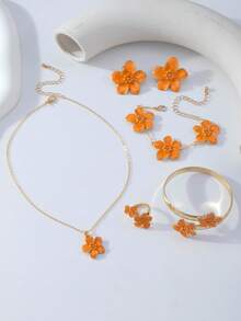 1 Set French Vintage Fashion Orange Oil Drop Flower Jewelry Set, Light Luxury Floral Accessories (Flower Center Oil Drop Gradient With Random Uneven Color Distribution) - Flowers - View 4