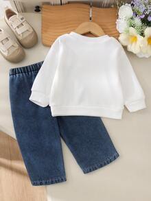 2pcs Set Baju Sweatshirt Lengan Panjang Motif Bunga 3D Kasual untuk Bayi Perempuan & Celana Jeans Denim, Tipis, Musim Semi/Musim Gugur - Putih - View 3