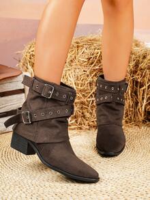Women's Pointed Toe Suede Western Style Buckle Metal Eyelet Holiday Fashion Boots - Brown - View 6