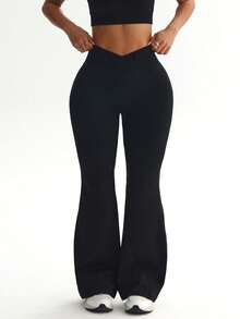 High Waist Butt Lifting Wide Leg Yoga Pants, 4-Way Stretch Skin-Friendly Casual Flare Pants, Suitable For Gym - Black - View 4