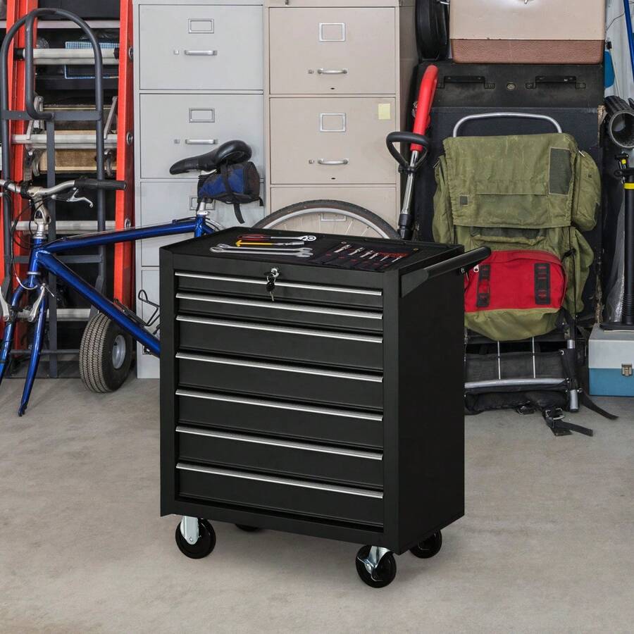 7-Drawer Rolling Chest On Wheels, Lockable Cabinet With Side Handle, Metal Box Trolley Garage, Workshop, Matte Black - Black + Steel - View 1