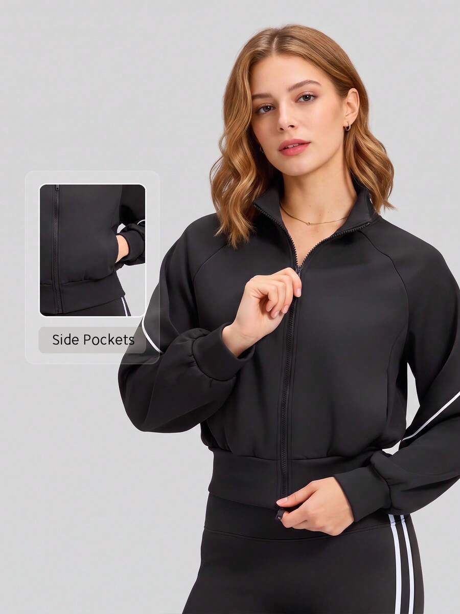 NcmRyu Women's 1pc Autumn/Winter Colorblock High Neck Zip-Up Pocket Cropped Athletic Comfortable Outdoor Running Jacket - Black - View 1
