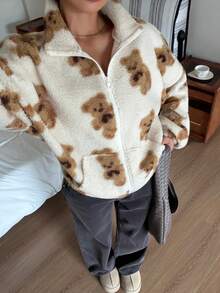 SCARLUX Women Y2K Winter Sherpa Fleece Jacket, Cute Teddy Bear Print Zip Coat, Back To School Daily Commute Christmas Outerwear - Apricot - View 7
