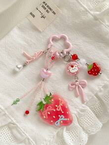 1pc Acrylic Strawberry Pink Korean Ins Style Girly Beaded Phone Chain Backpack Charm Keychain - Multicolor - View 2