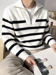 1pc Teen Boys Fashion Versatile Color Block Patchwork Zip-Up Pullover Sweater Knit Top For Spring, Autumn, Winter, Back To School - White - View 1