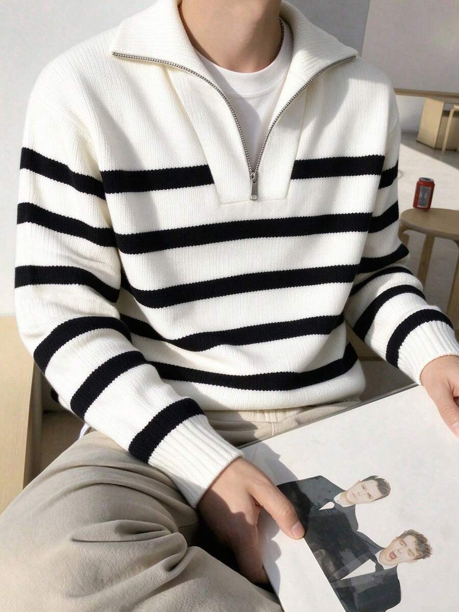 1pc Teen Boys Fashion Versatile Color Block Patchwork Zip-Up Pullover Sweater Knit Top For Spring, Autumn, Winter, Back To School - White - View 1