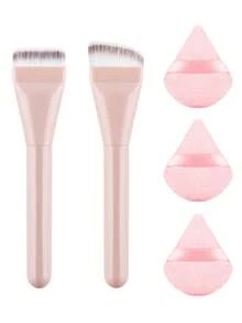 5pcs Multi-Function Makeup Brush Set, Flat Straight Brush & Curved Foundation Brush With Triangle Powder Puff, Easy For Beginners To Create Clear Base Makeup, Portable Daily Makeup Tools - Multicolor - View 15