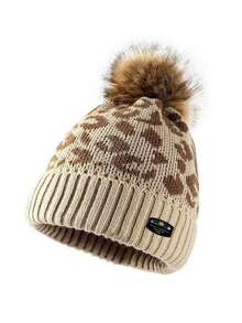 1pc Women's Autumn/Winter Leopard Print Pom Pom Knitted Hat, Fashionable Versatile Windproof Warm Ear-Protective Beanie, Suitable For Daily Outdoor Wear - Multicolor - View 5