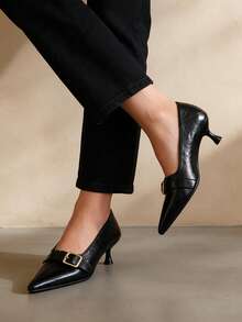 Women's Plus Size Burgundy Pointed Toe Mary Jane Shoes, Metal Square Buckle Strap Kitten Heel Shoes, Ruched Elegant Vintage Slip-On High Heels, Suitable For Daily Commute Autumn/Winter Outfits - Black - View 6