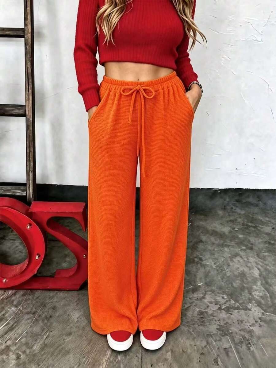 1pc Diamond Grid Knit Fabric Pocket Waffle Straight Leg Pants, Casual Holiday Autumn/Winter - Orange - View 1