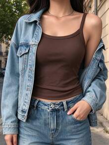 Women's Casual Versatile Solid Color Fitted Camisole - Brown - View 2