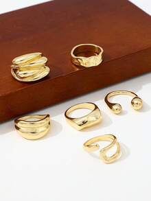 6PCS Personalized Liquid Gold Glossy Finish Asymmetrical Water Drop Rings, New Niche Fashion Versatile Rings For Women - Gold - View 3