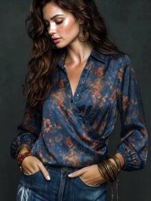 Women's Autumn Bohemian Print Button Satin Design Blouse, Comfortable Fashion Elegant Casual Versatile Commute Top, Autumn/Winter - Navy Blue - View 5
