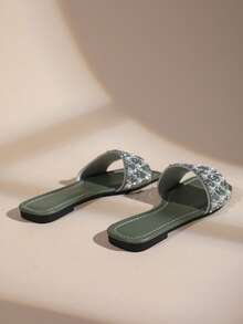 Women's Pearl & Rhinestone Square Toe Slide Sandals, Glitter Single Strap Flat Sandals, Suitable For Vacation & Party - Army Green - View 4