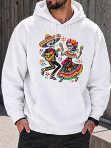 Sudadera con capucha para hombre de poliéster, estampado de pareja de esqueletos músicos, estilo Día de Muertos casual. Envío nacional - Blanco - Ver 1