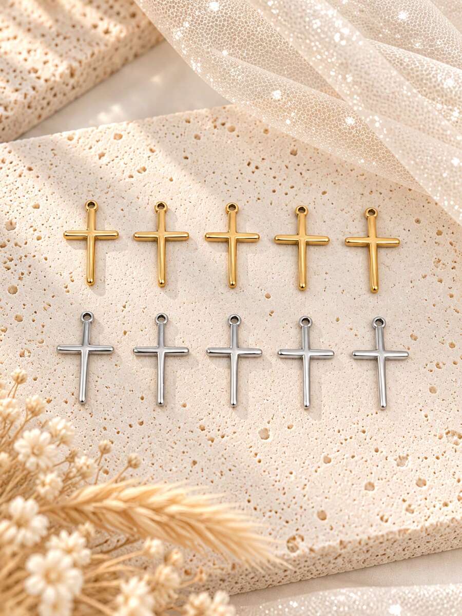 10pcs 18K Gold Plated 3D Oil-Pressed Cross Pendant Set, Minimalist Style DIY Charm For Necklace, Bracelet, Anklet, Earrings Accessories - Multicolor - View 1