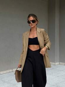 Women's New Autumn/Winter Elegant Commute Minimalist Casual Business Lapel Long Sleeve Khaki Blazer, Women's Autumn Outfit, Formal Occasion Wear - Brown - View 2